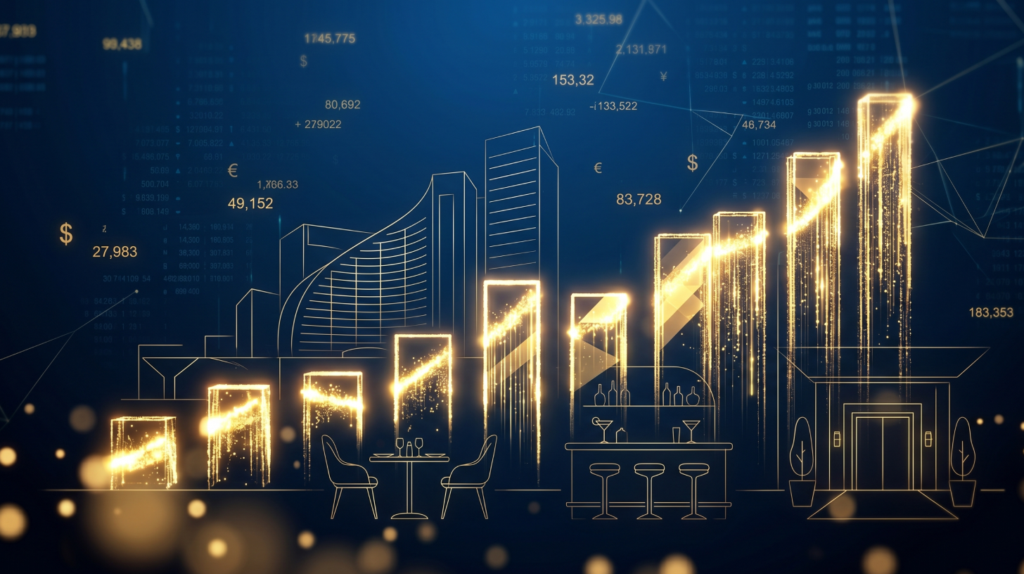 Abstract representation of financial growth in the hospitality industry, featuring rising bar charts made of glowing light intersecting with subtle outlines of restaurant architecture. Modern, tech-forward, deep blues and golds